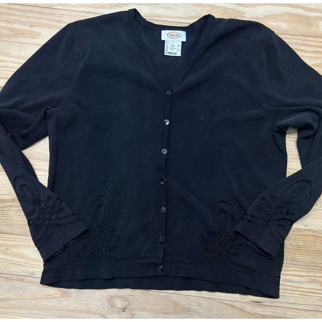 Women's TALBOTS Black 78% Silk Embroidered Long Sleeve Blouse Size Large.