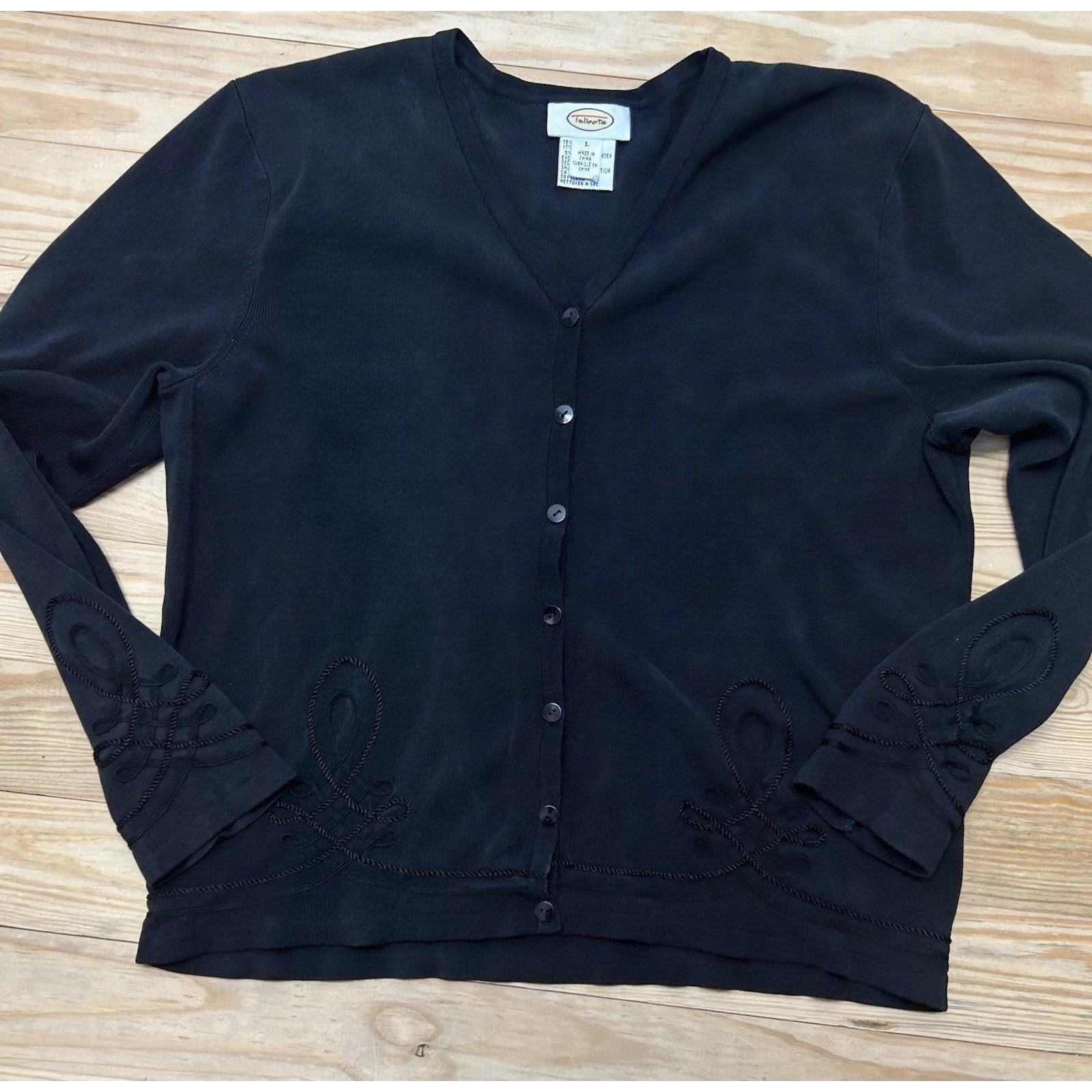 Women's TALBOTS Black 78% Silk Embroidered Long Sleeve Blouse Size Large.