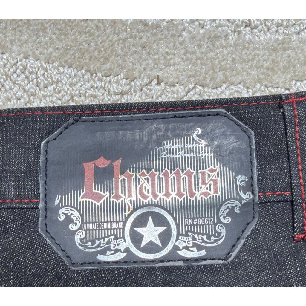 Vintage Chams Jeans Mens 30 Black W Red Trim Baggy Embroidered Skate Hip Hop Y2K