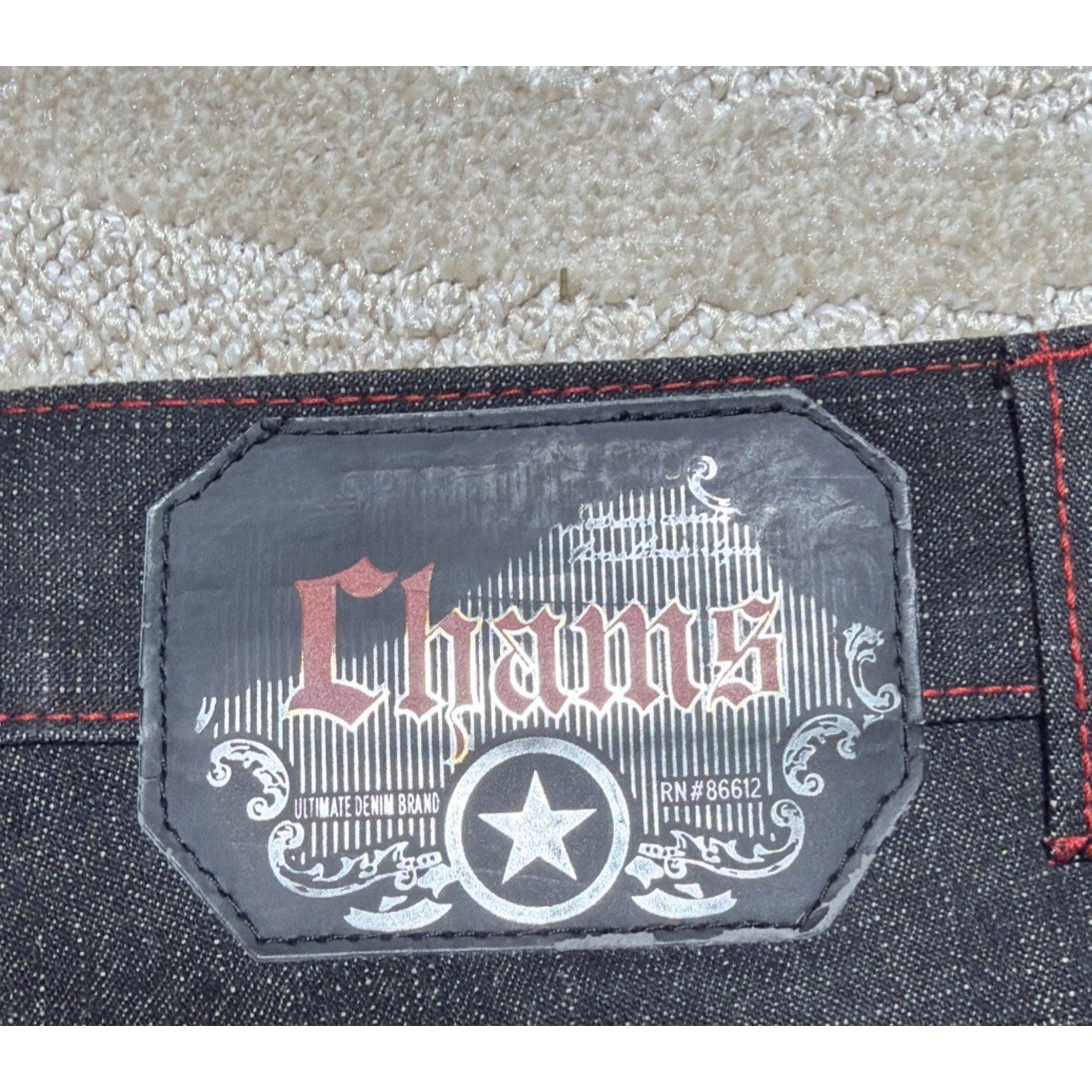 Vintage Chams Jeans Mens 30 Black W Red Trim Baggy Embroidered Skate Hip Hop Y2K