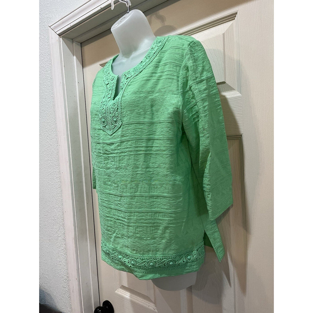 Alfred Dunner 3/4 Sleeve Embroidered Green Top with Neck Beading Women's Size PS