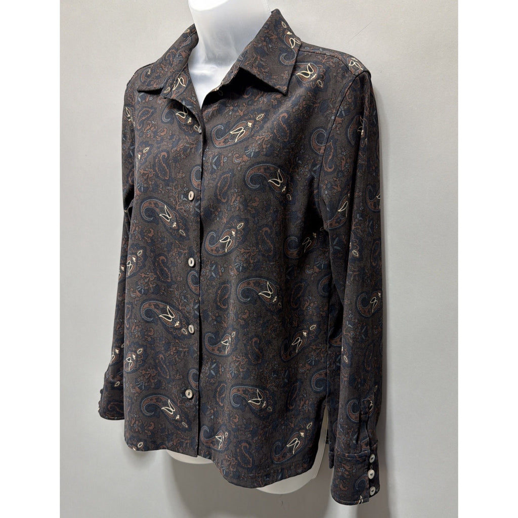 Vintage La Cabana Brown Paisley Long Sleeve Button Up Shirt Women Size: M