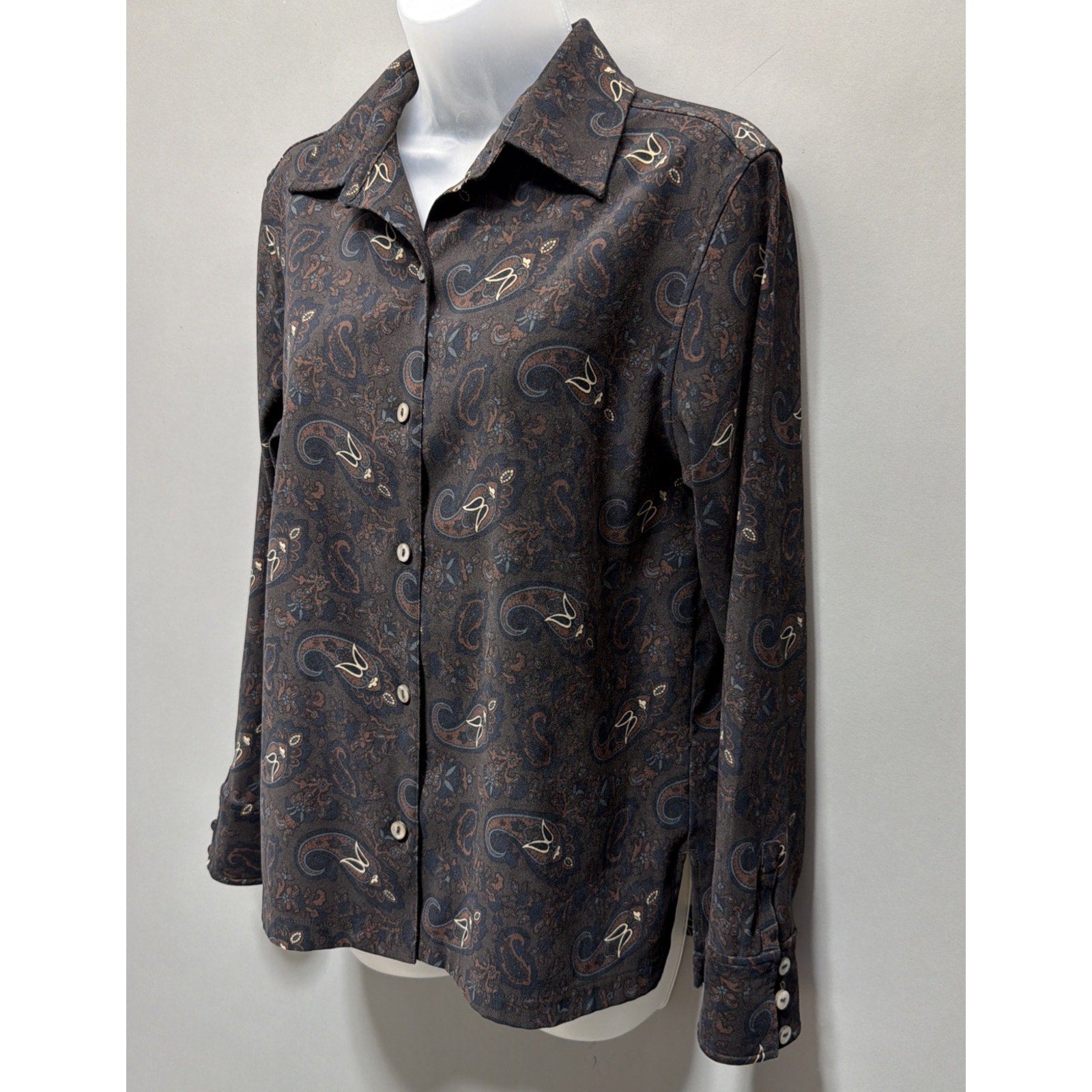 Vintage La Cabana Brown Paisley Long Sleeve Button Up Shirt Women Size: M