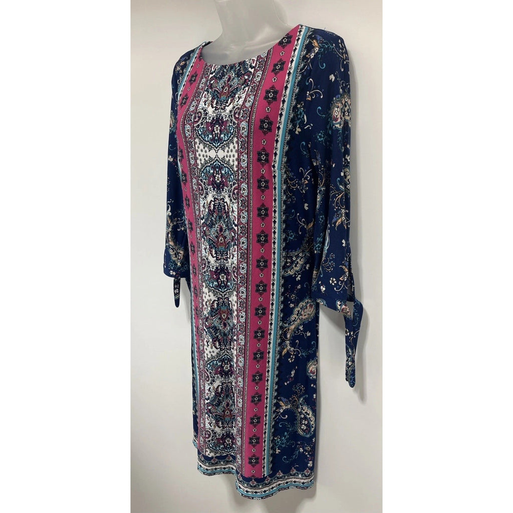 Chico’s Medallion Print Tie 3/4 Sleeve Lined Stretch Dress Size 1 (US Size 8)
