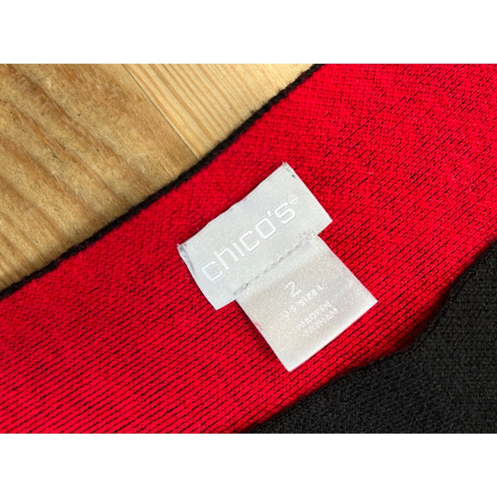 Chico’s Bi-Color Double Knit Sweater Black Red 3/4 Sleeves Soft Cozy Sz L