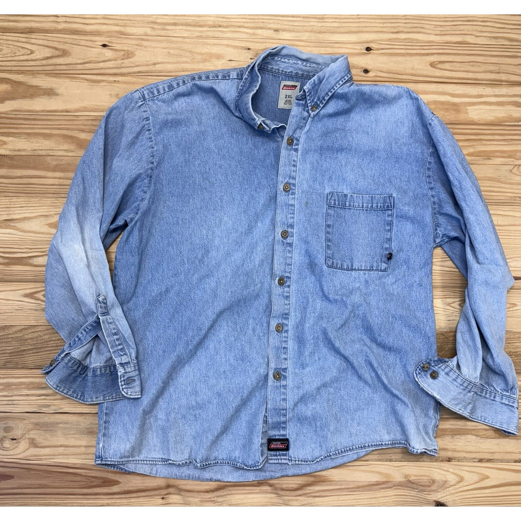 Dickies Denim Button Down Collar Shirt Men’s Size 2XL Blue Long Sleeve Workwear
