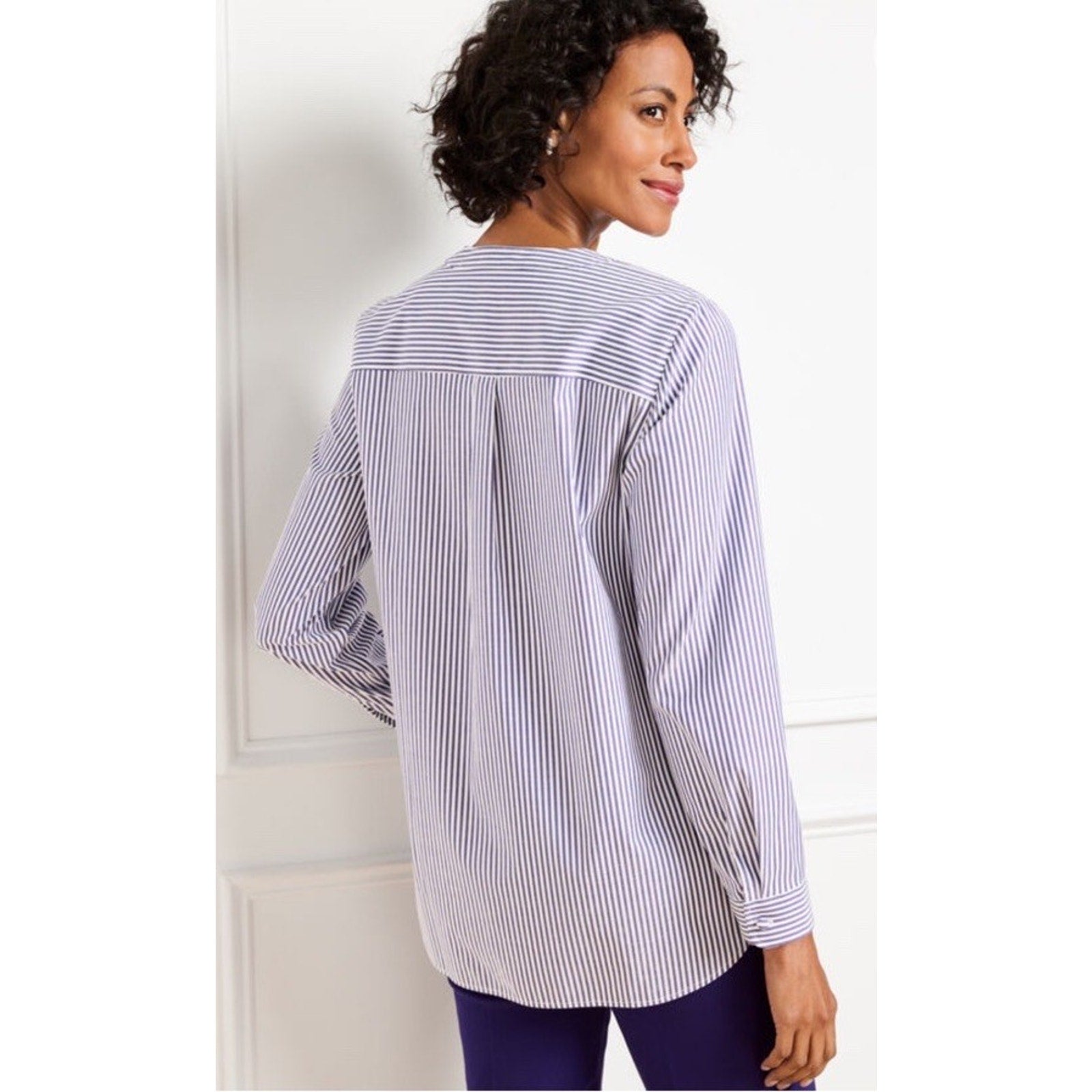 TALBOTS Non Iron Band Collar Tunic XL Dreamy Striped Embellished Button New