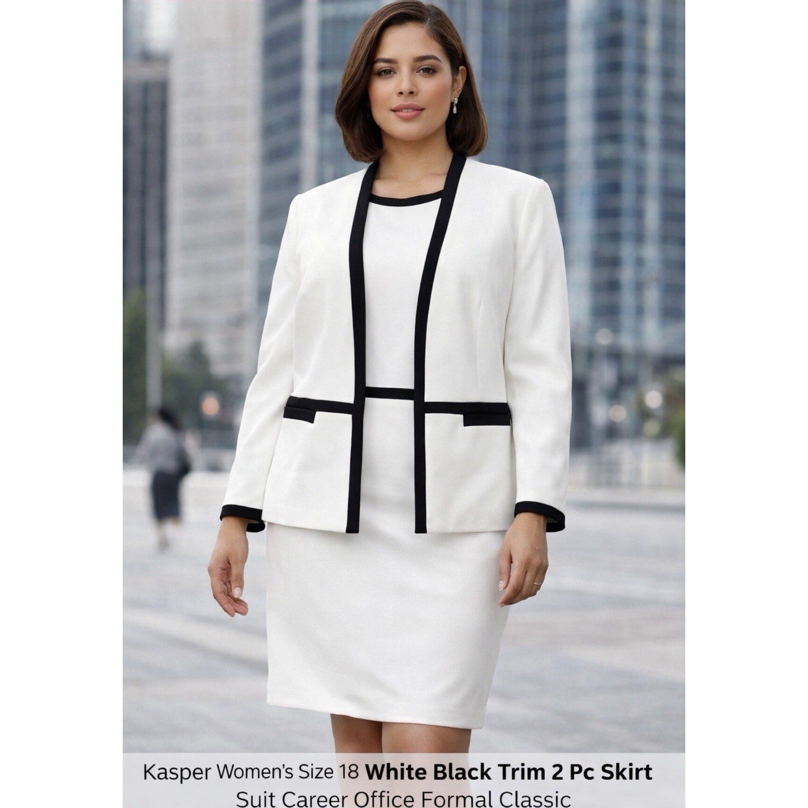 Kasper Women’s Size 18 White Black Trim 2 Pc Skirt Suit Career Office Formal New