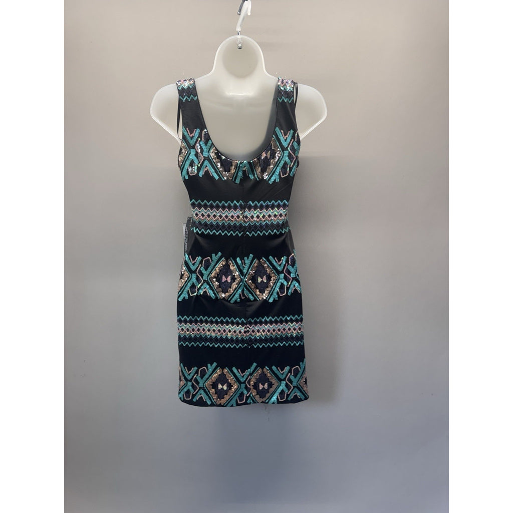 AS U WISH Sequin Bodycon Mini Dress Womens Small Black Teal Aztec Party Cocktail