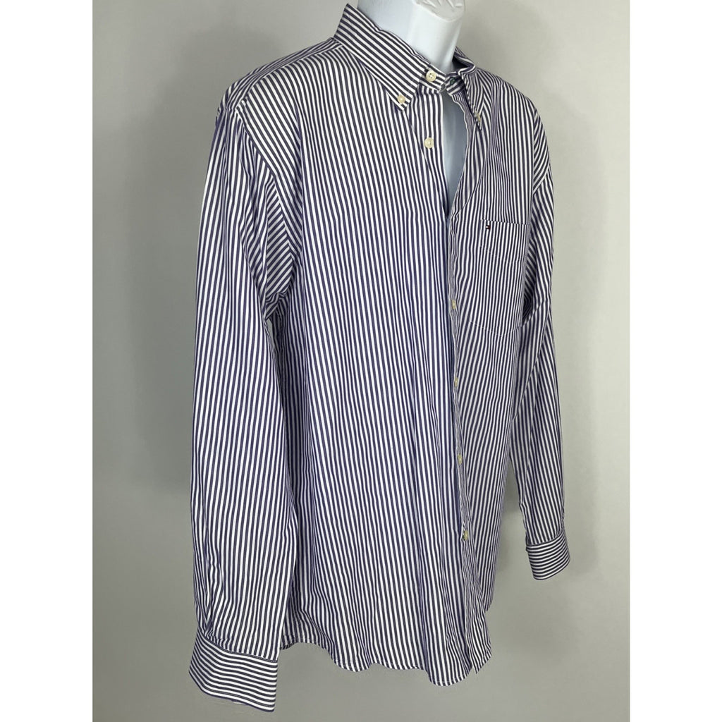 Tommy Hilfiger Academy Poplin Mens Long Sleeve Purple Striped Shirt Large