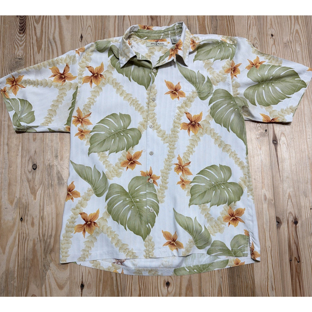 Mens Size XL Tommy Bahama 100% Silk Camp Shirt Yellow Green Foliage