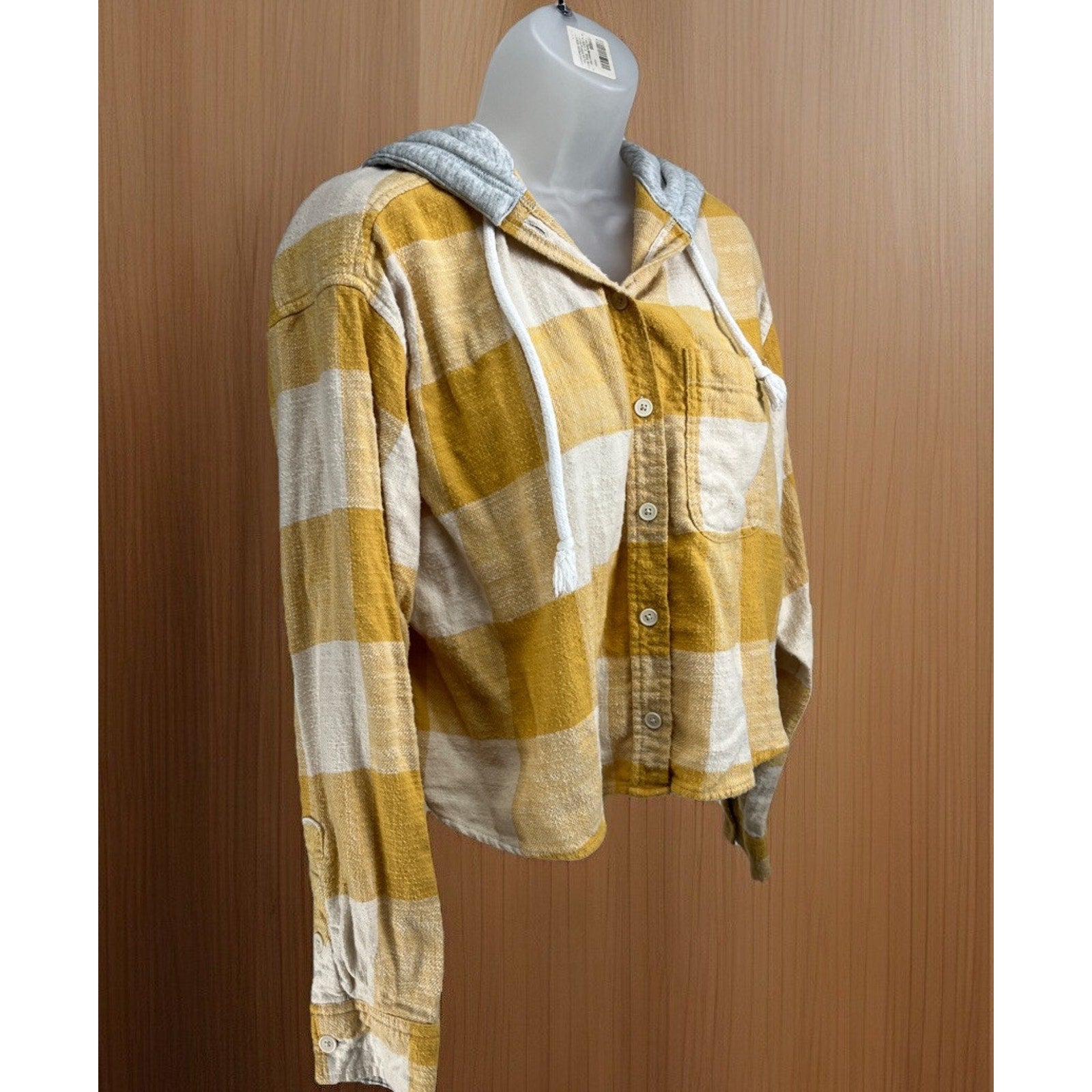 American Eagle Flannel Shirt Yellow Ivory Hooded Button Up Long Sleeve Size M
