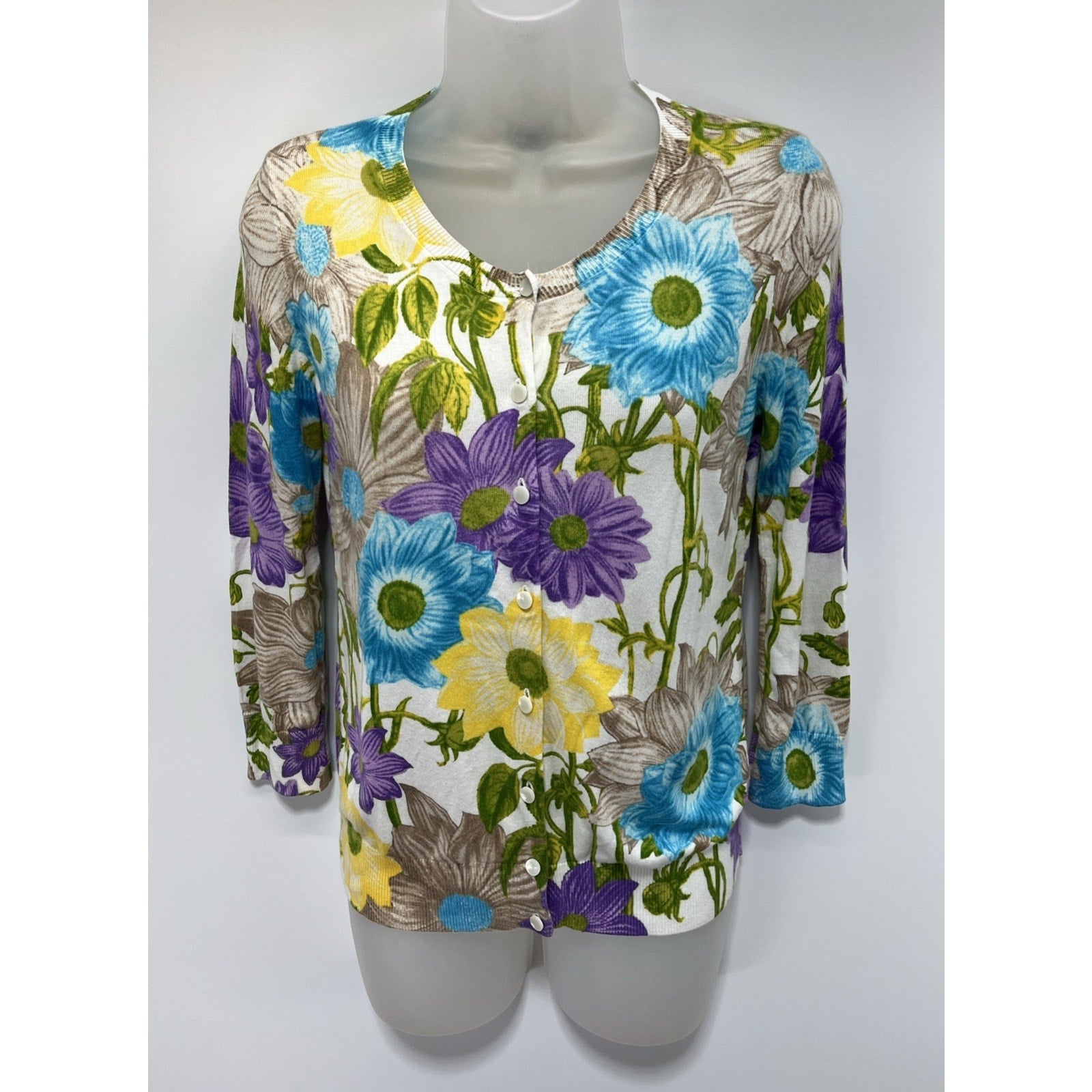 Talbot's 3/4 Sleeve Floral Button Front Cardigan XS Cotton Blend