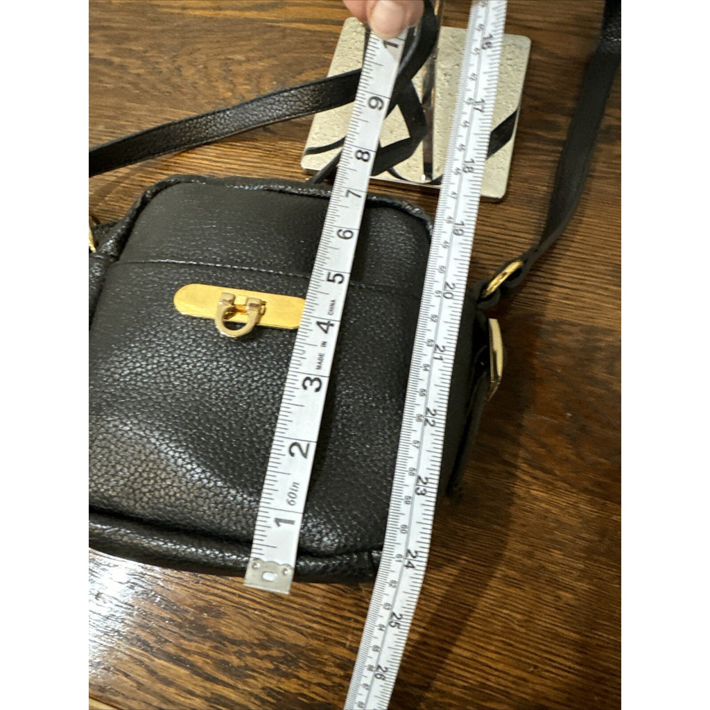 Mixed Bag Designs Black Leather Crossbody Bag Gold Finials Long Strap 7"