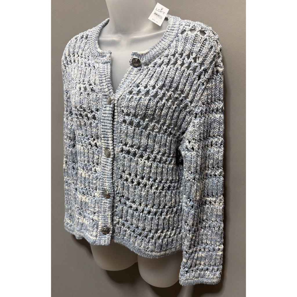 LOFT Marled Chunky-Knit Button V-Neck Cardigan Sweater Blue Small Msrp 98$