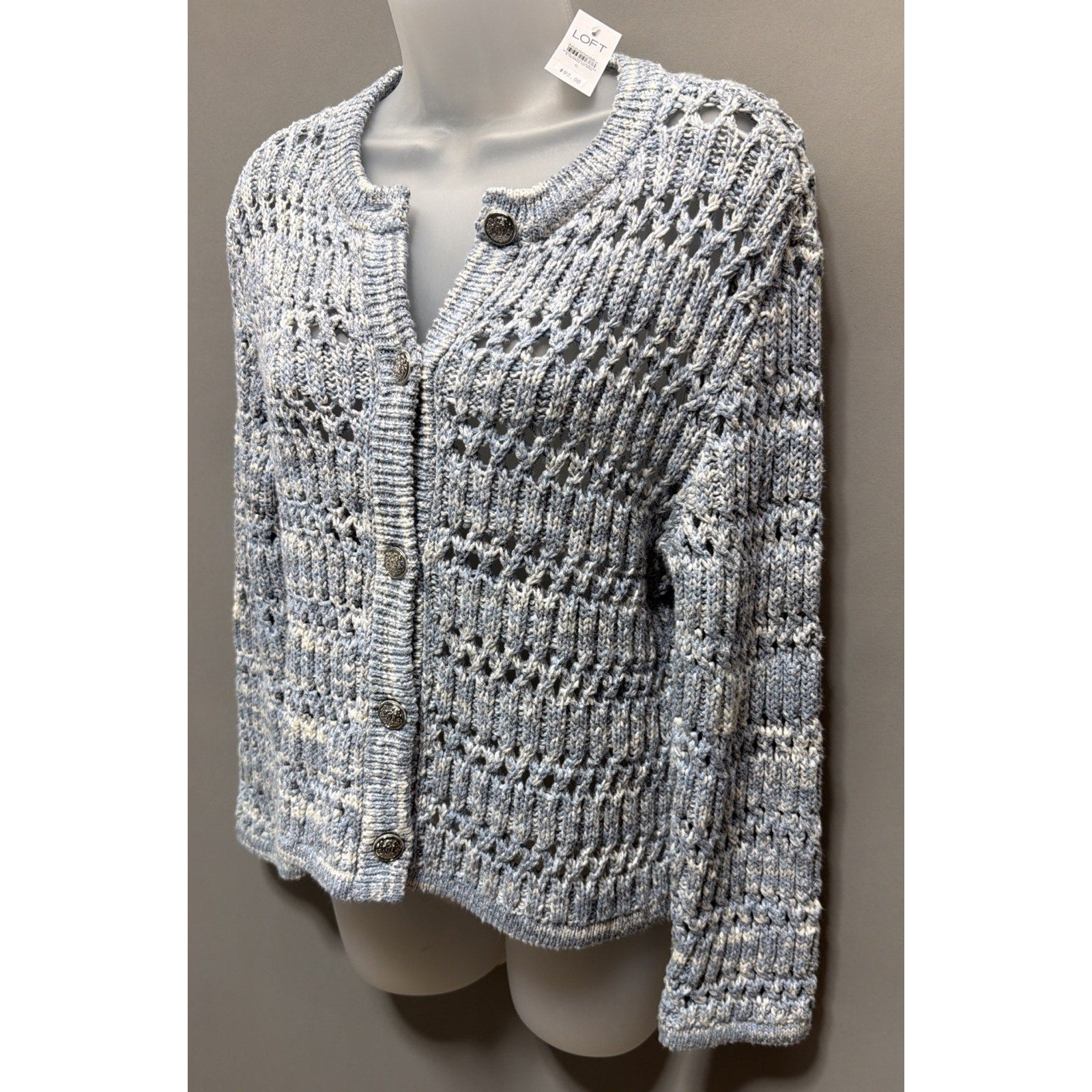 LOFT Marled Chunky-Knit Button V-Neck Cardigan Sweater Blue Small Msrp 98$