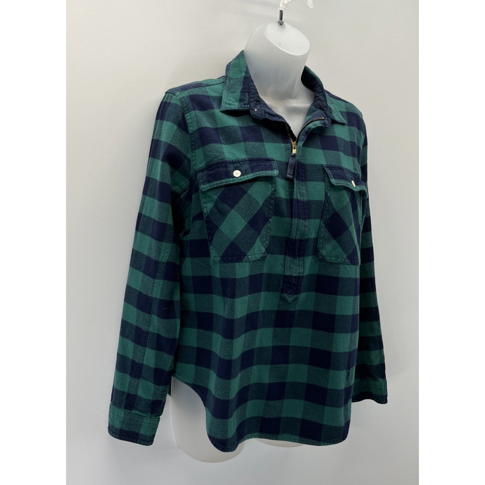 J. Crew Plaid 100% Cotton Half Zip Flannel Shirt Green Blue S