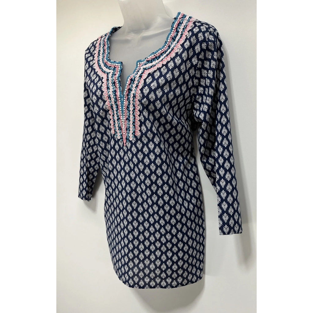 Talbots Top Womens M Blue Embroidered 3/4 Sleeves Relaxed Fit Cotton Boho Shirt