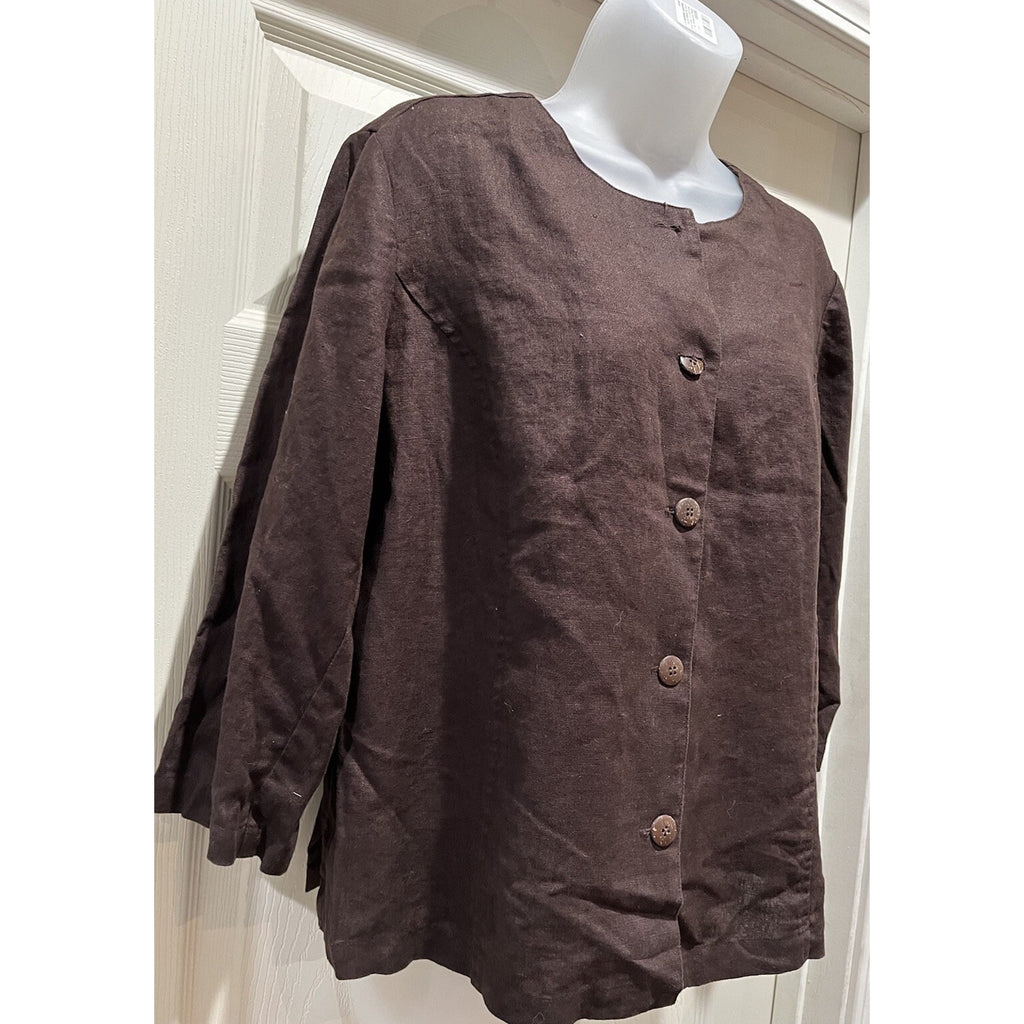 JM Collection 14P 100% Linen Chocolate Brown Collarless Button Front Jacket NWT