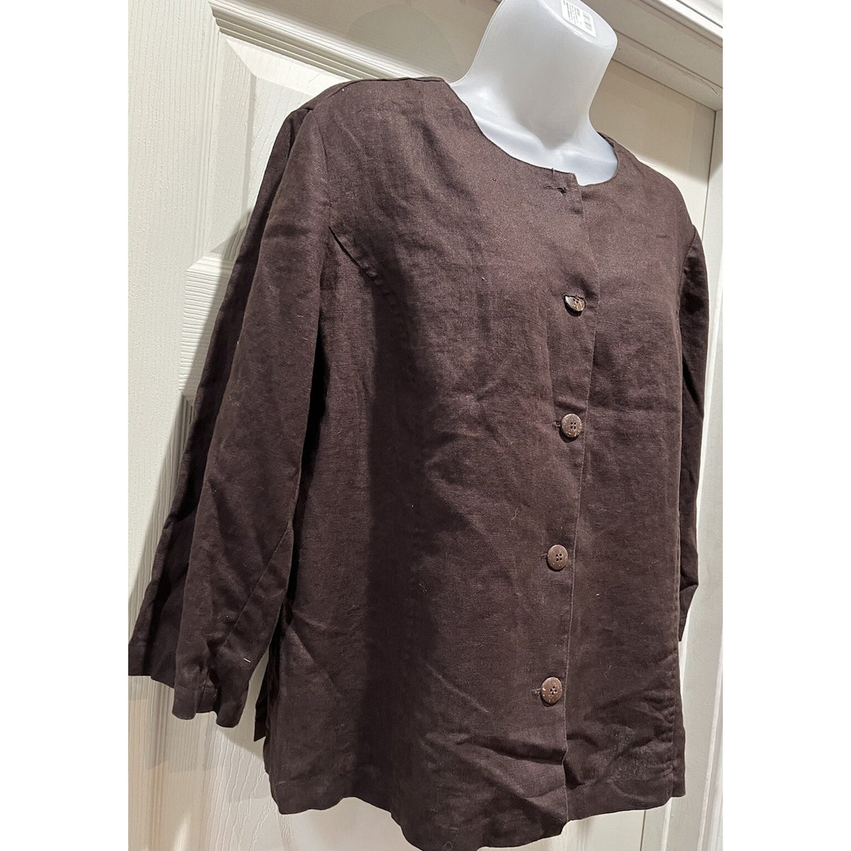 JM Collection 14P 100% Linen Chocolate Brown Collarless Button Front Jacket NWT