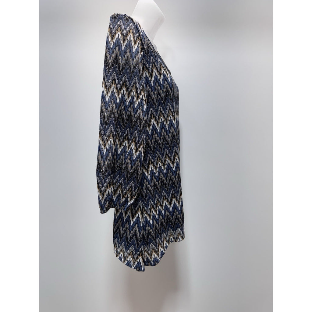 Coral Bay Blue Gold Zig Zag Print Woven Mid Sleeve Tunic Top Size Medium