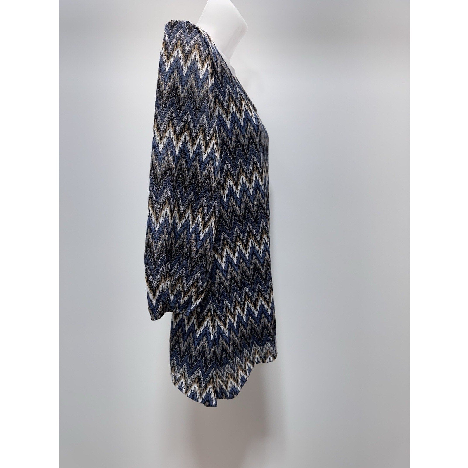 Coral Bay Blue Gold Zig Zag Print Woven Mid Sleeve Tunic Top Size Medium