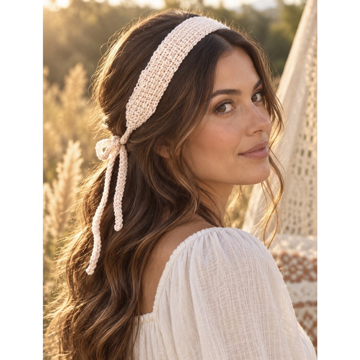 Handmade Crochet Tie Back Headband Blush Pink Boho Hair Wrap Womens Adjustable
