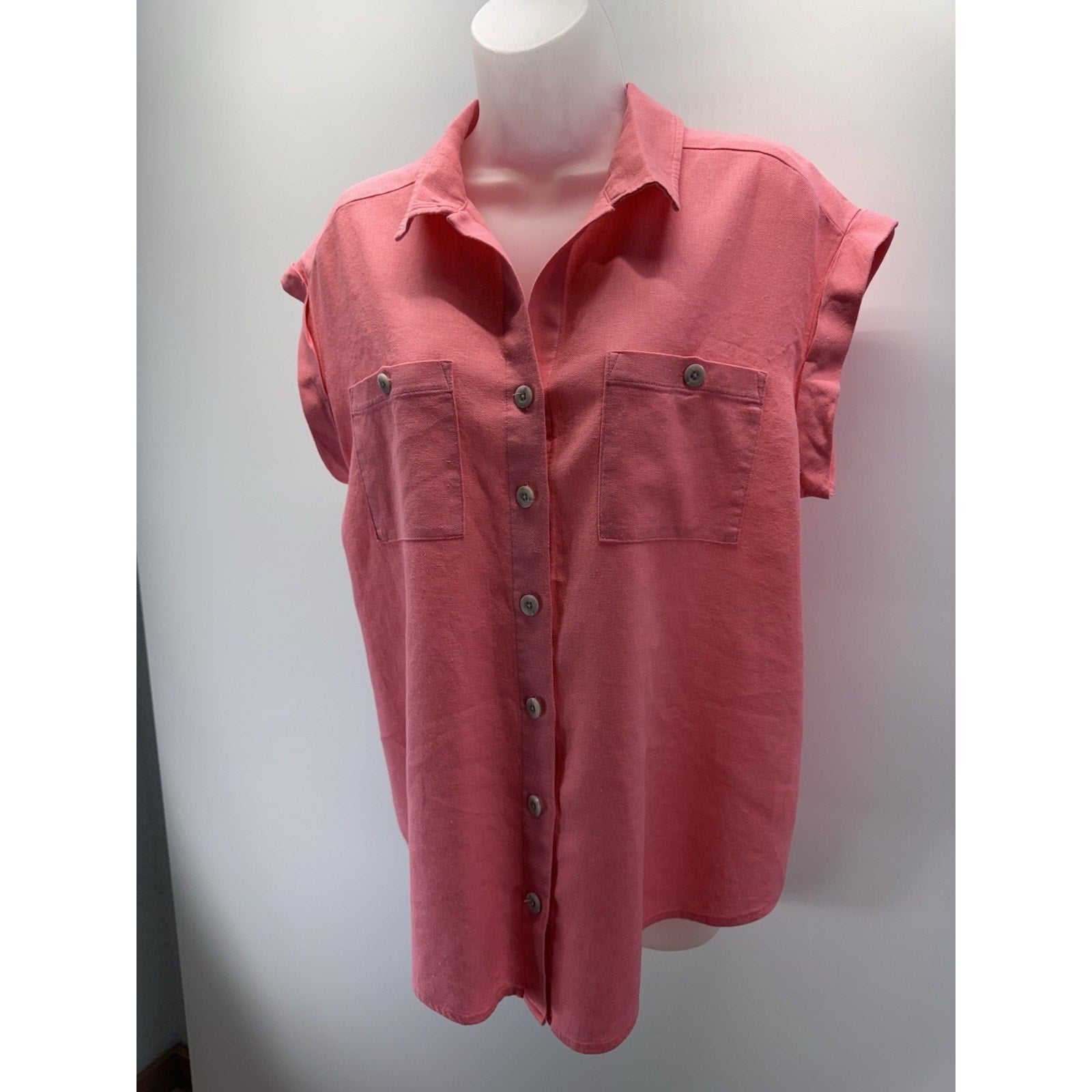 Isabel Short Sleeve Linen Blend Button Up Pink Blouse Women’s Size Small
