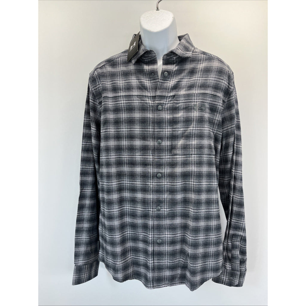 NEW Under Armour Tradesman Flex Flannel Long Sleeve Button Shirt Gray Mens Sz L