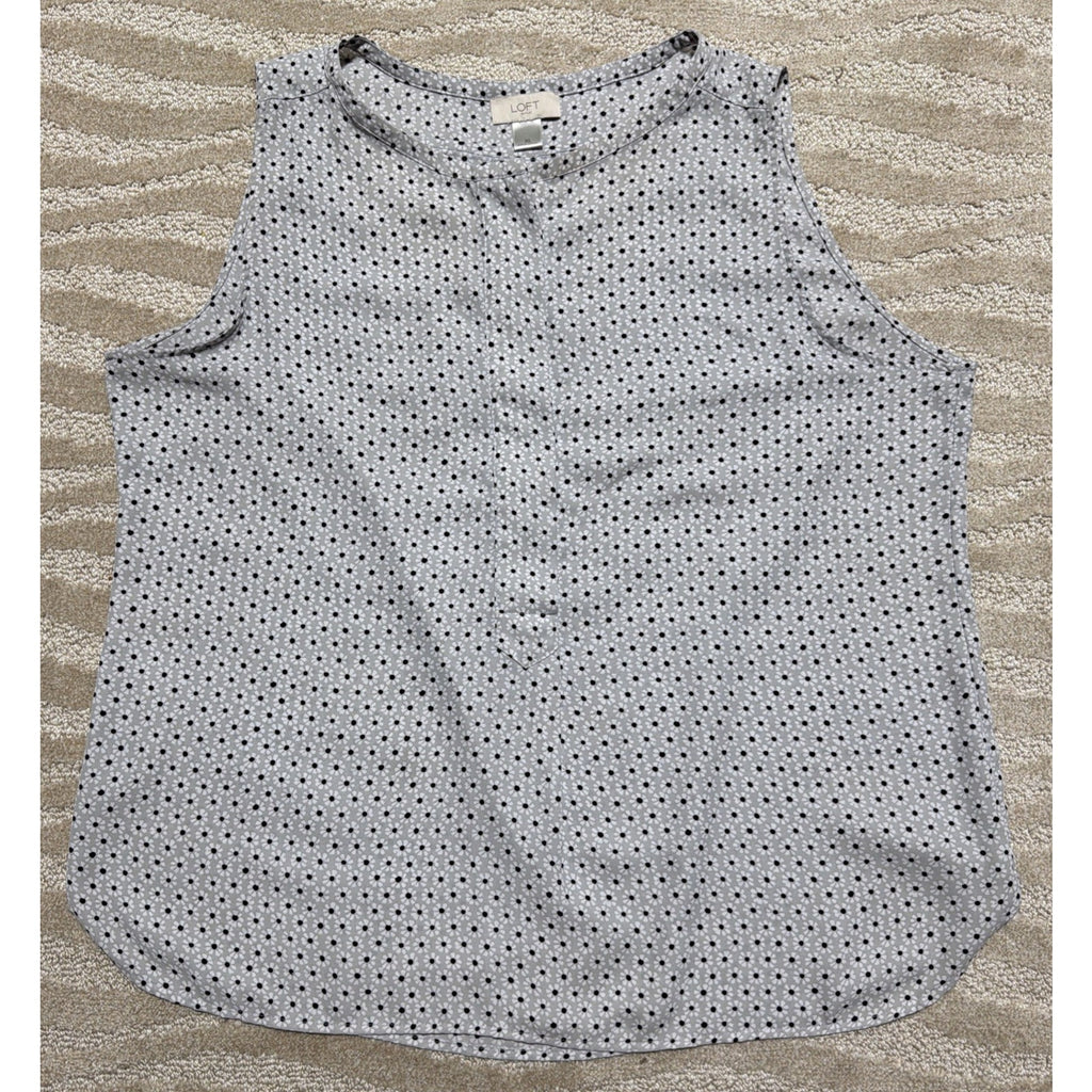 Loft Top Womens XL sleeveless partial button down Black White And Grey Floral