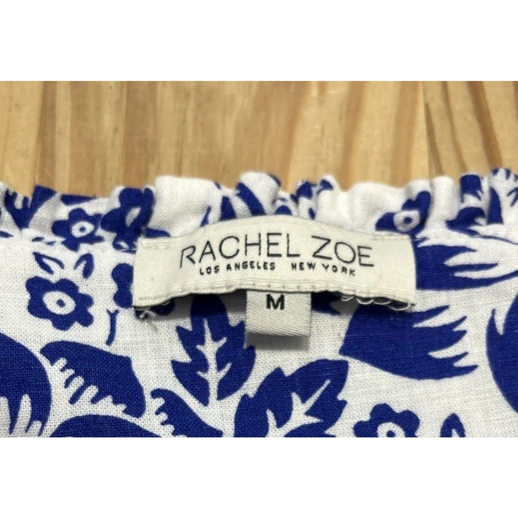 Rachel Zoe Women 3/4 Sleeve Button Linen Rayon Top Size M White Blue Floral