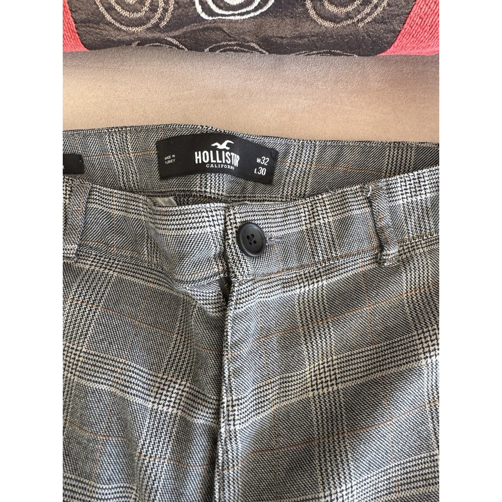 Hollister Epic Flex Skinny Pants Men's 33X26 Straight Leg Plaid Chino Gray