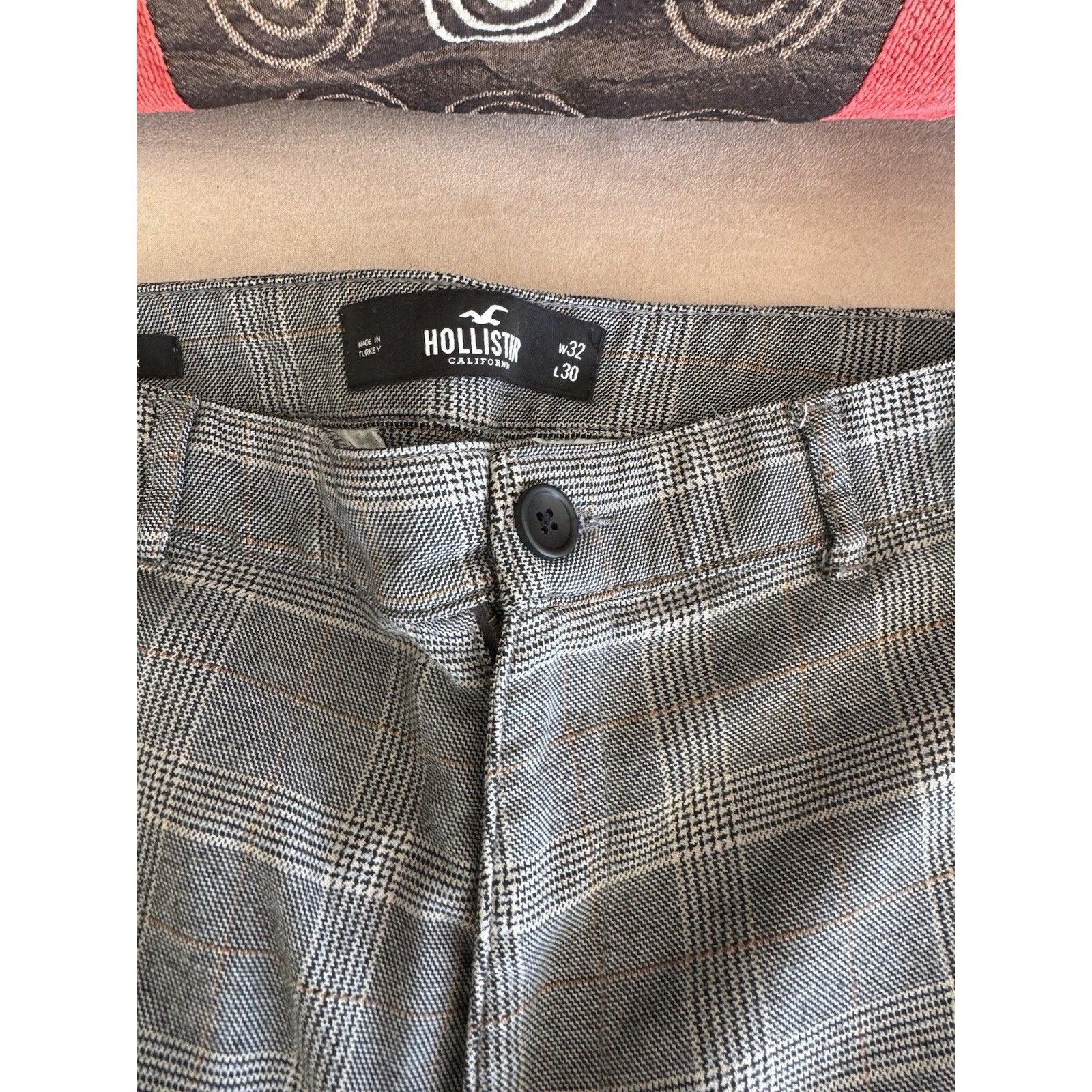 Hollister Epic Flex Skinny Pants Men's 33X26 Straight Leg Plaid Chino Gray