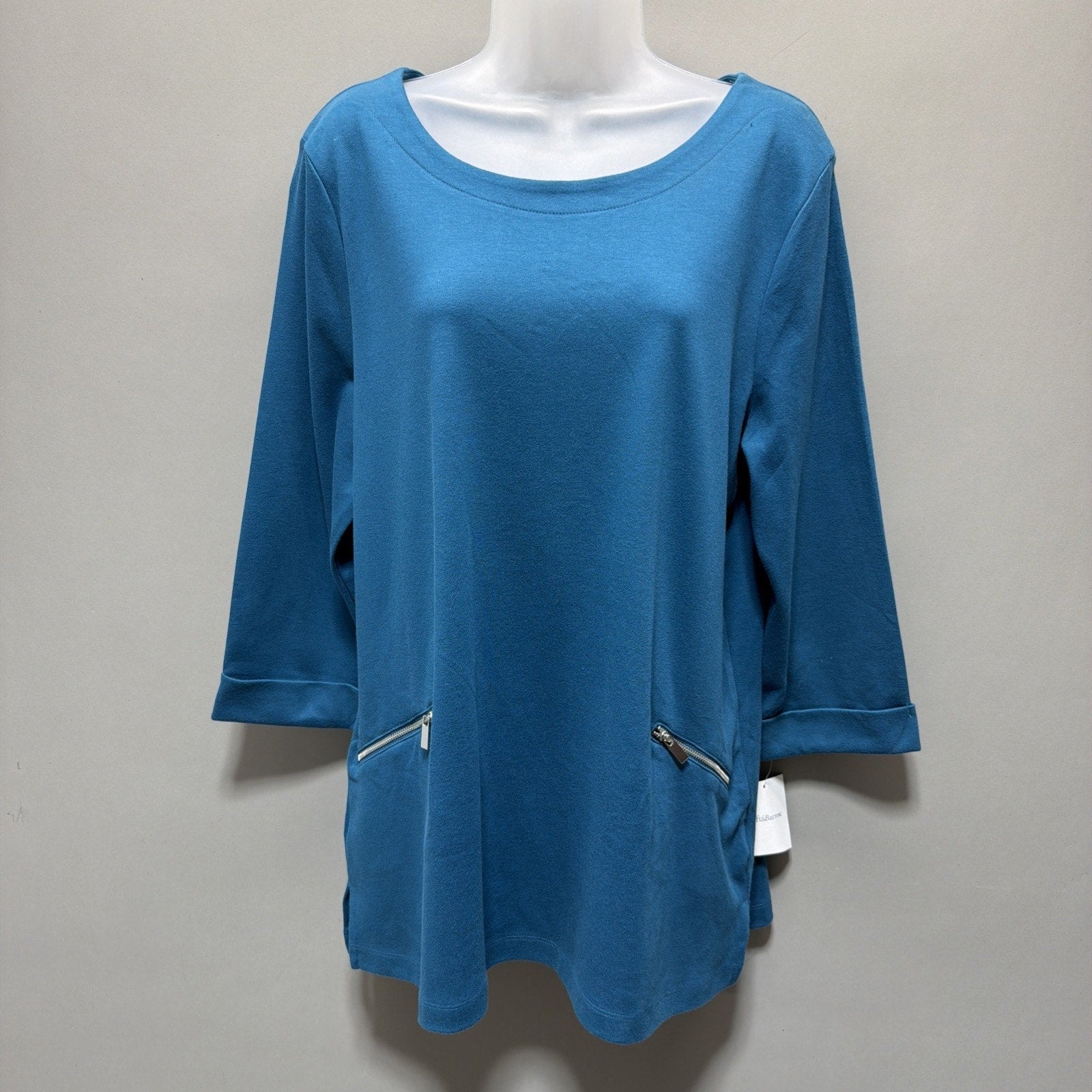 Croft & Barrow Shirt Womens XL Tunic Blue Stretch 3/4 Sleeve Casual Pockets NWT