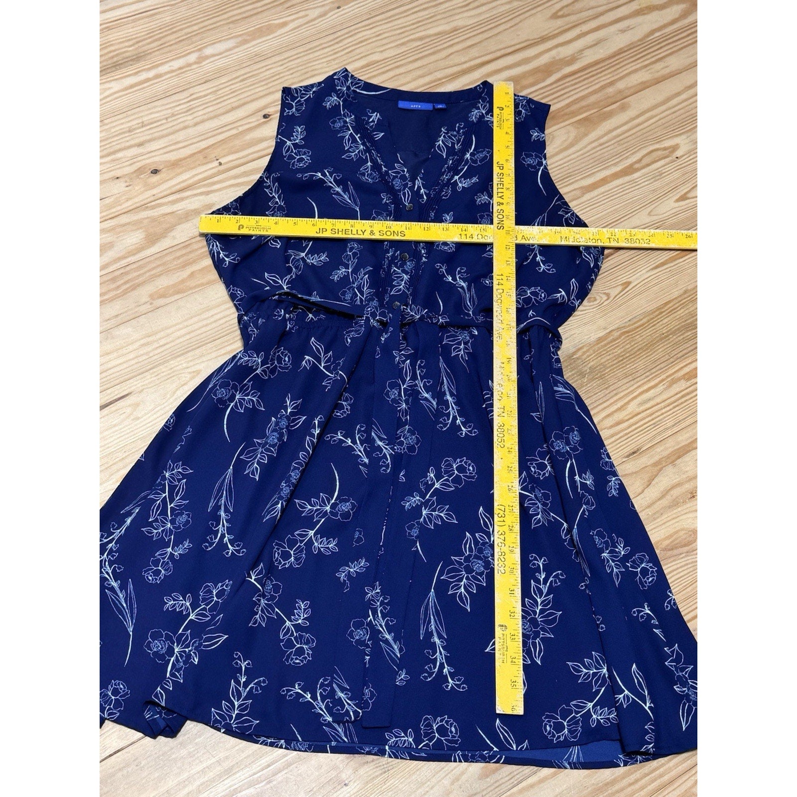 Apt 9 Pintuck Shirt Dress Sleeveless Midi Blue Floral Cinched Waist Size XXL
