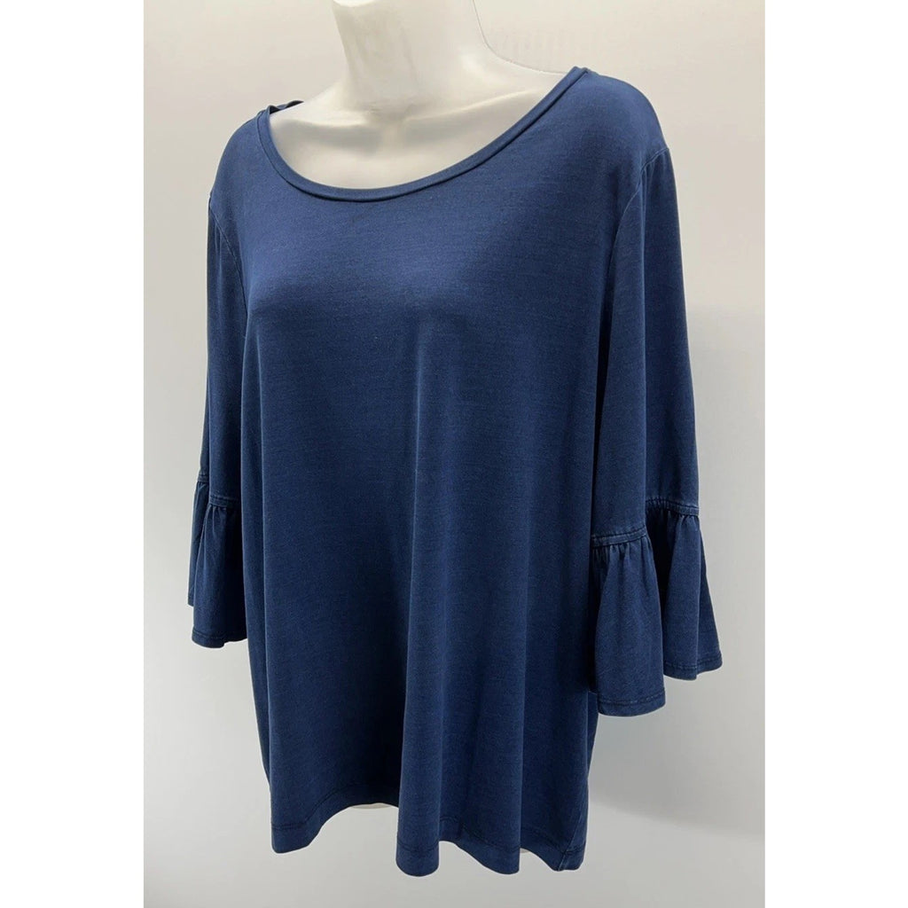 Chico's Navy Semi Sheer Stretch Top 3/4 Bell Sleeve Size 3 EUC