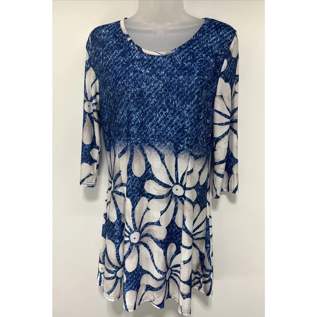 Simply Aster Dress Womens Medium Blue Ombre Floral Print 3/4 Sleeve Sheath BOHO