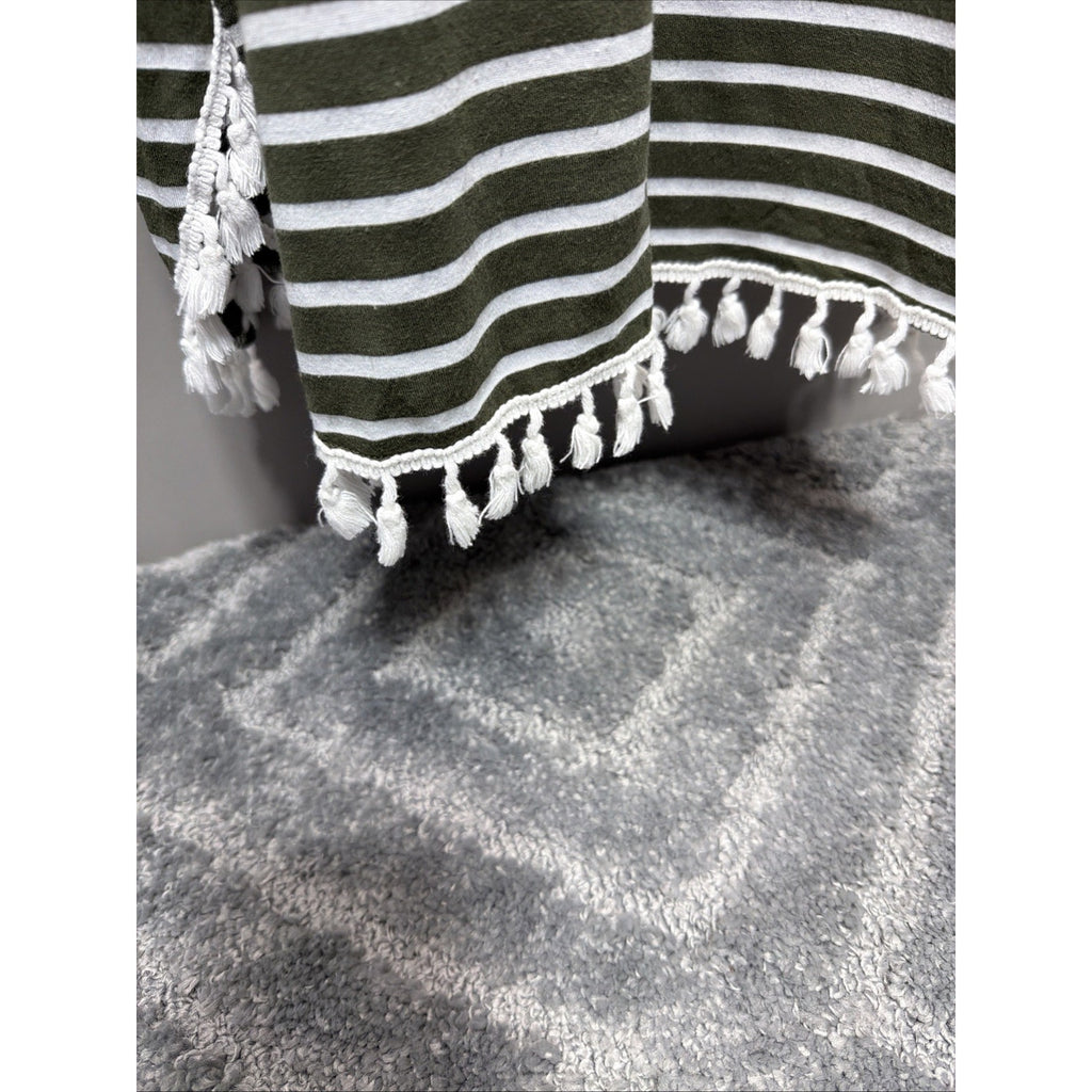 Jodifl green and white striped soft dress with fringe hem lace button detail S