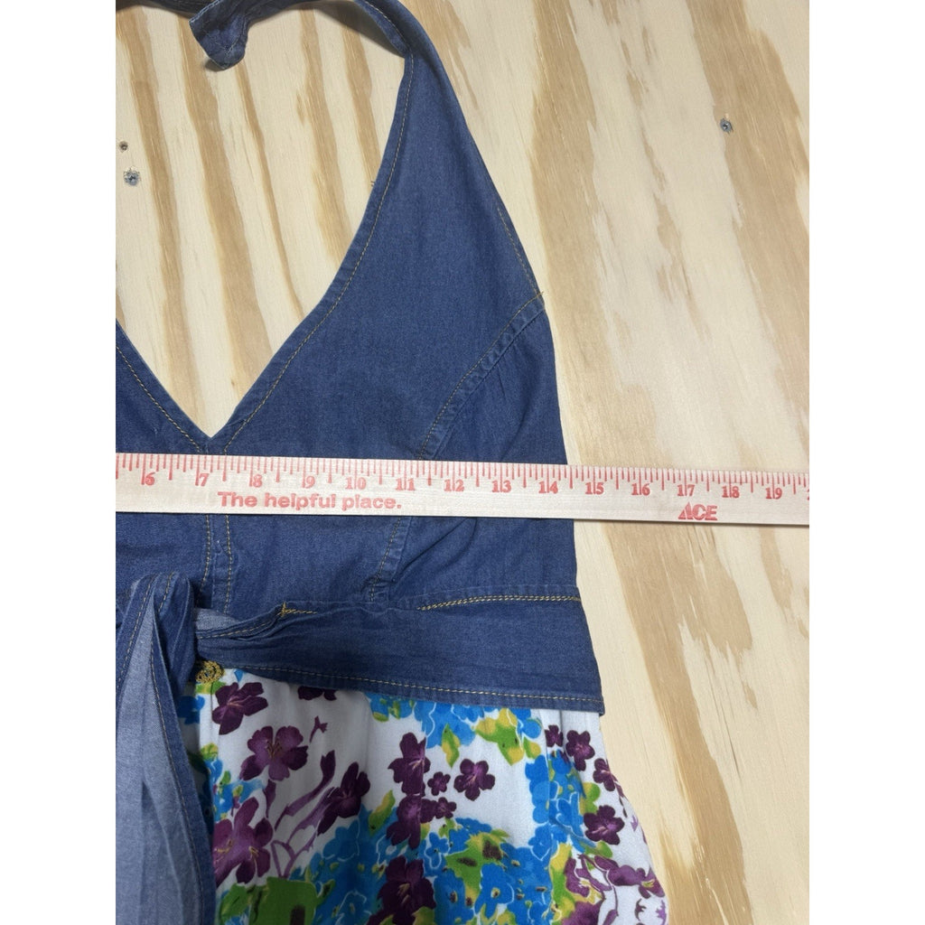Y2K Denim Halter Dress Floral Bubble Hem Tie Waist Open Back Boho Festival Large