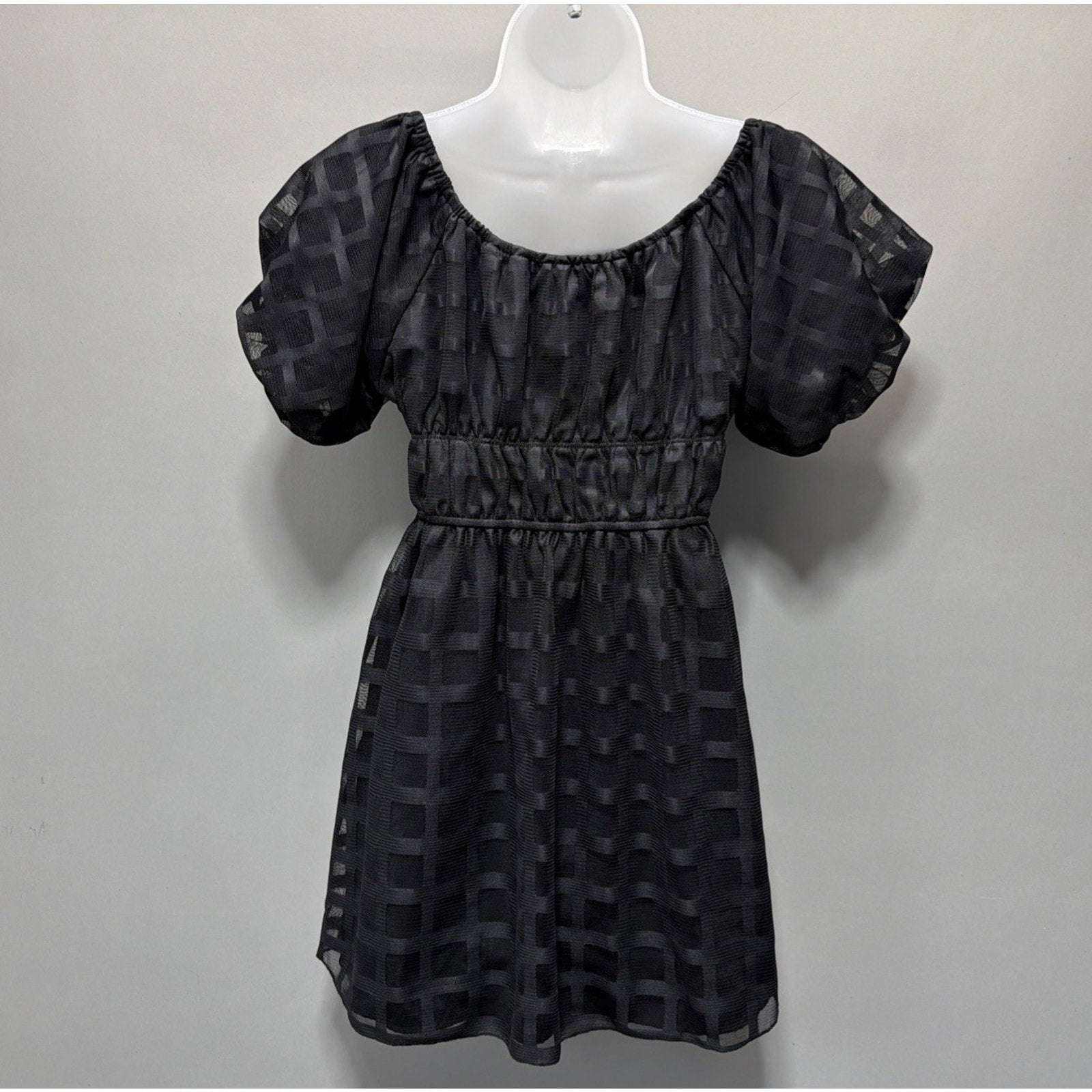 Le Lis Collection Black Babydoll Dress M Puff Sleeve Square Neck Sheer Overlay