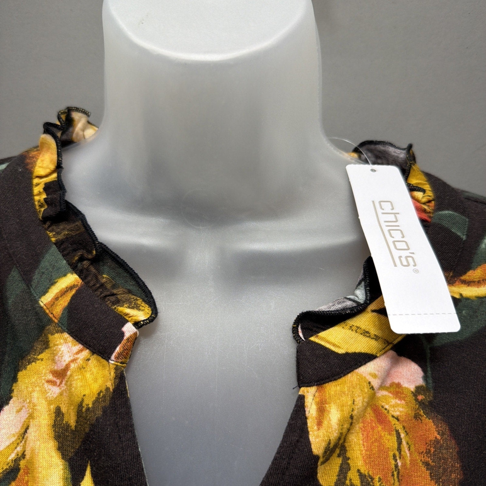 Chicos Top Womens 2 L Yellow Stretch Ruffle Neck Pullover Tropical Floral NWT