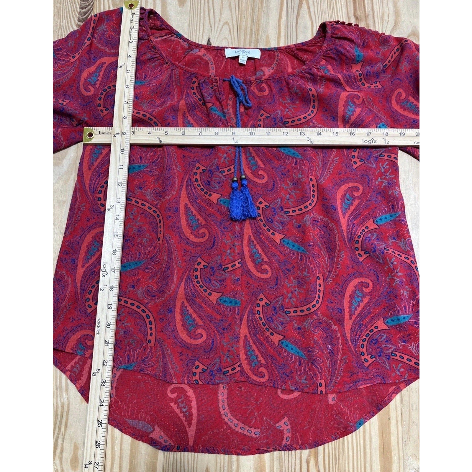 Umgee Women’s Size Medium Multicolor Crotchet Sleeve Tie Neck Paisley Blouse