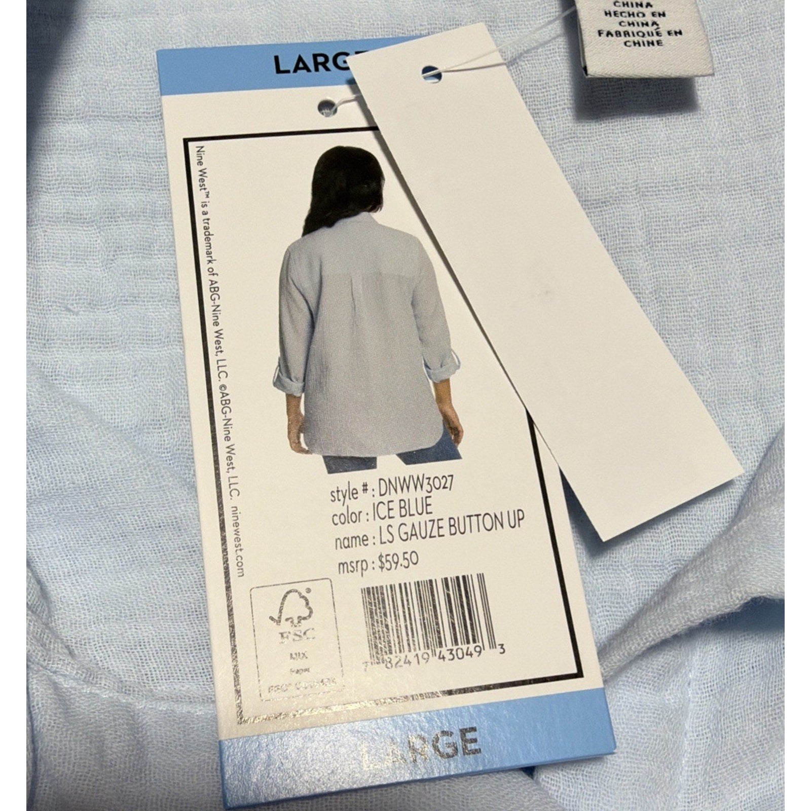 NWT NINE WEST Womens Large Ice Blue Gauze Long Sleeve Roll-Tab Cotton Shirt