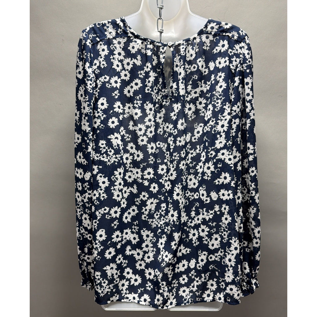 Women LOFT Shirts & Blouses | Floral Ruffle Cuff Blouse Deep Space Blue XL New