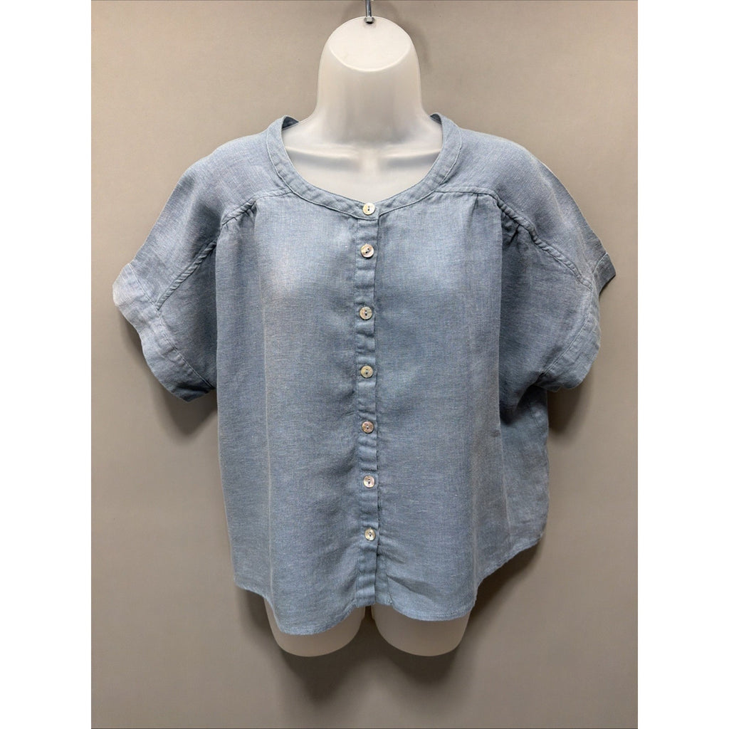 Lintico 100% Linen Button Front Oversized Boxy Fit Top Women M Blue Minimalist