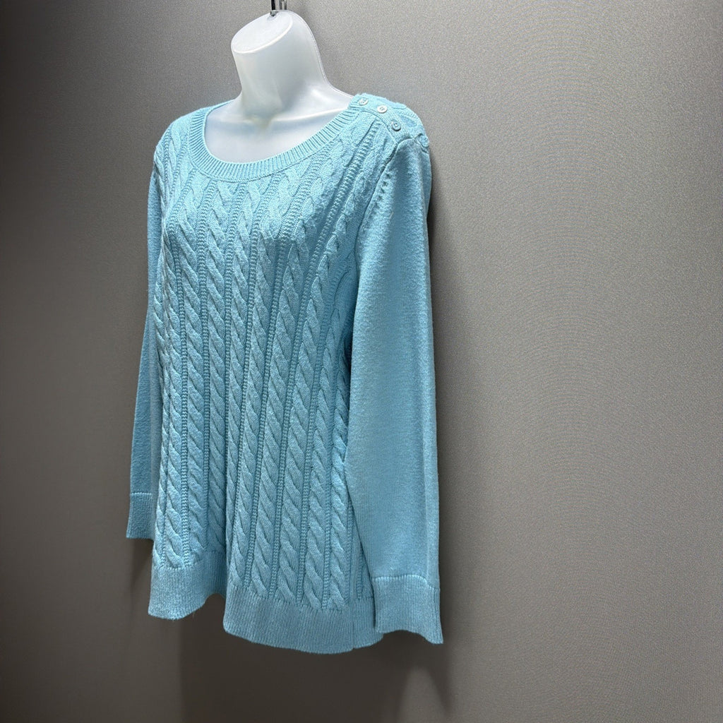 Talbots Plus 1X Cable Knit Sweater Shoulder Button Detail Aqua Blue New W Tag