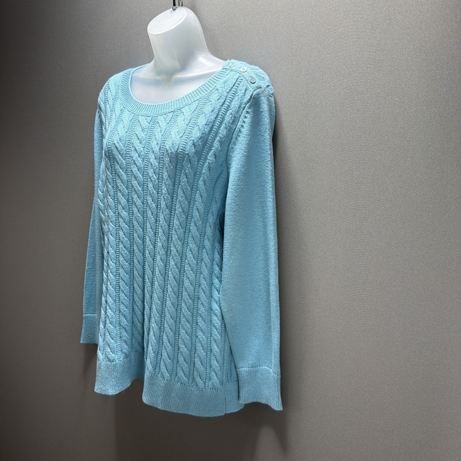 Talbots Plus 1X Cable Knit Sweater Shoulder Button Detail Aqua Blue New W Tag
