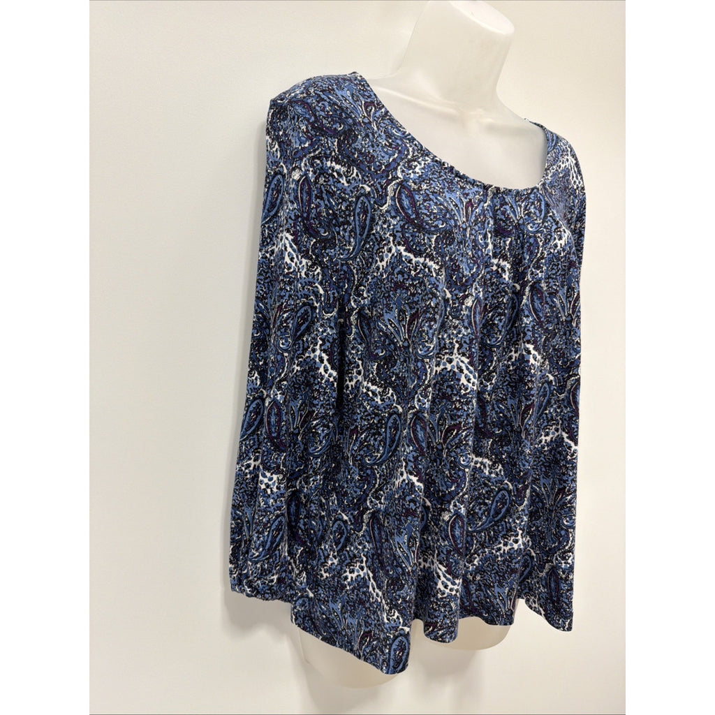 Womens Top-TALBOTS-blue/white/purple paisley rayon knit pleated neck 3/4 PXL