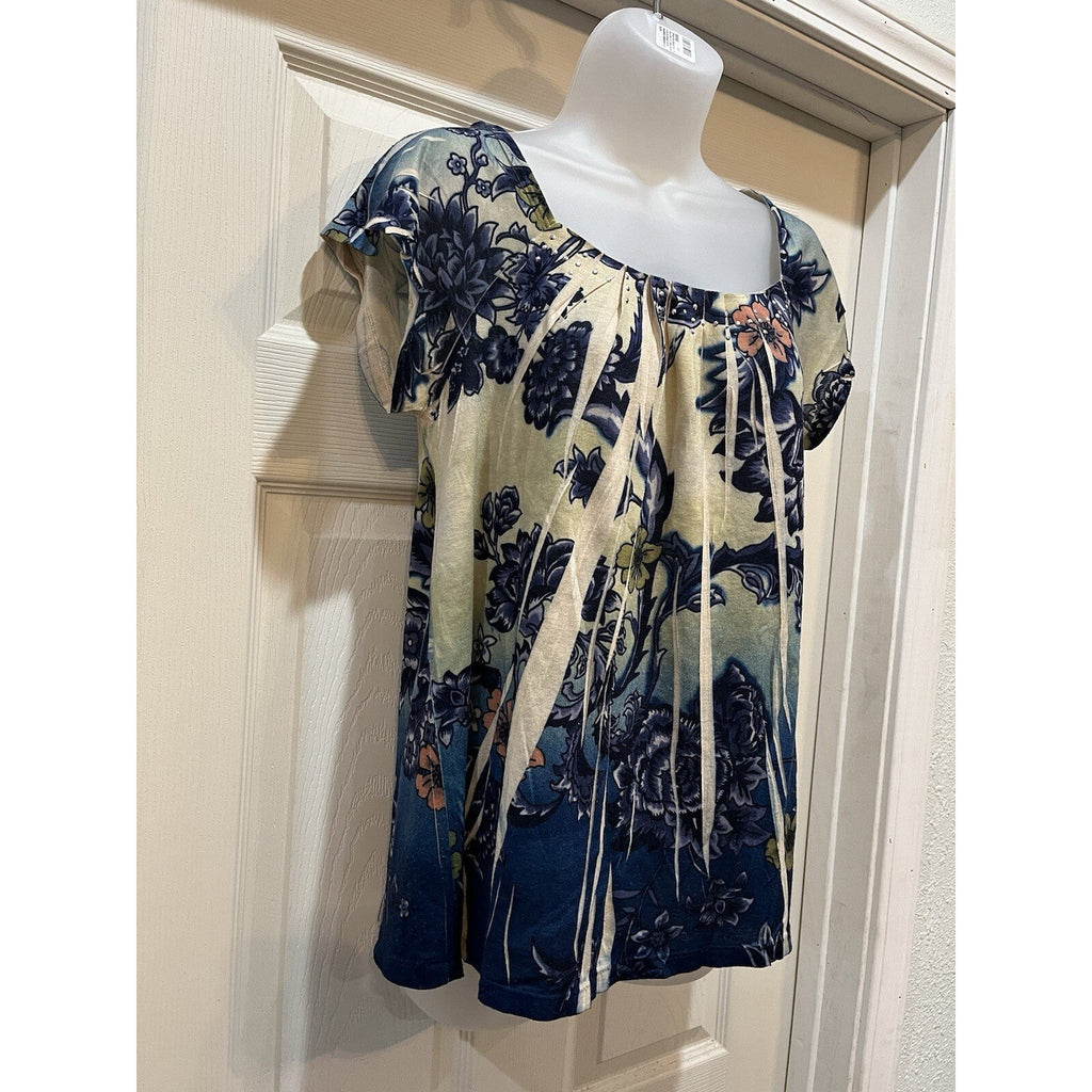 Jane Ashley Blue Floral Abstract Short Sleeve Scoop Neck Top Women's Size Small