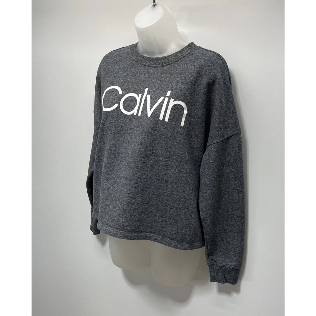 Calvin Klein Cropped Sweatshirt Womens M Gray Fleece Lined Oversized Pullover